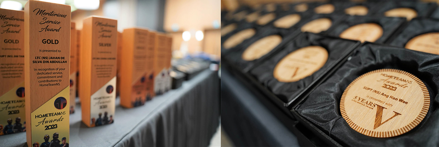 Unique wooden mementos for the awardees, sustainably crafted to demonstrate HomeTeamNS’ commitment to the environment.