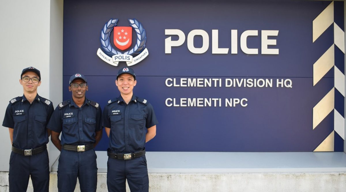(From left to right) SSSGT (NS) Elisha Lim, SGT(1) (NS) Santosh S/O Gunalan and SGT(2) (NS) Zestin Soh, were making their rounds at a supermarket in Clementi when they saw a wanted serial shoplifter.