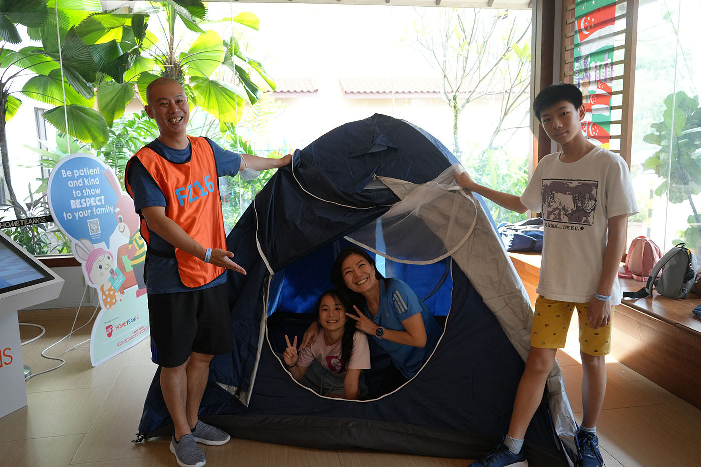 Participants completed a tent-building challenge to earn bonus points.