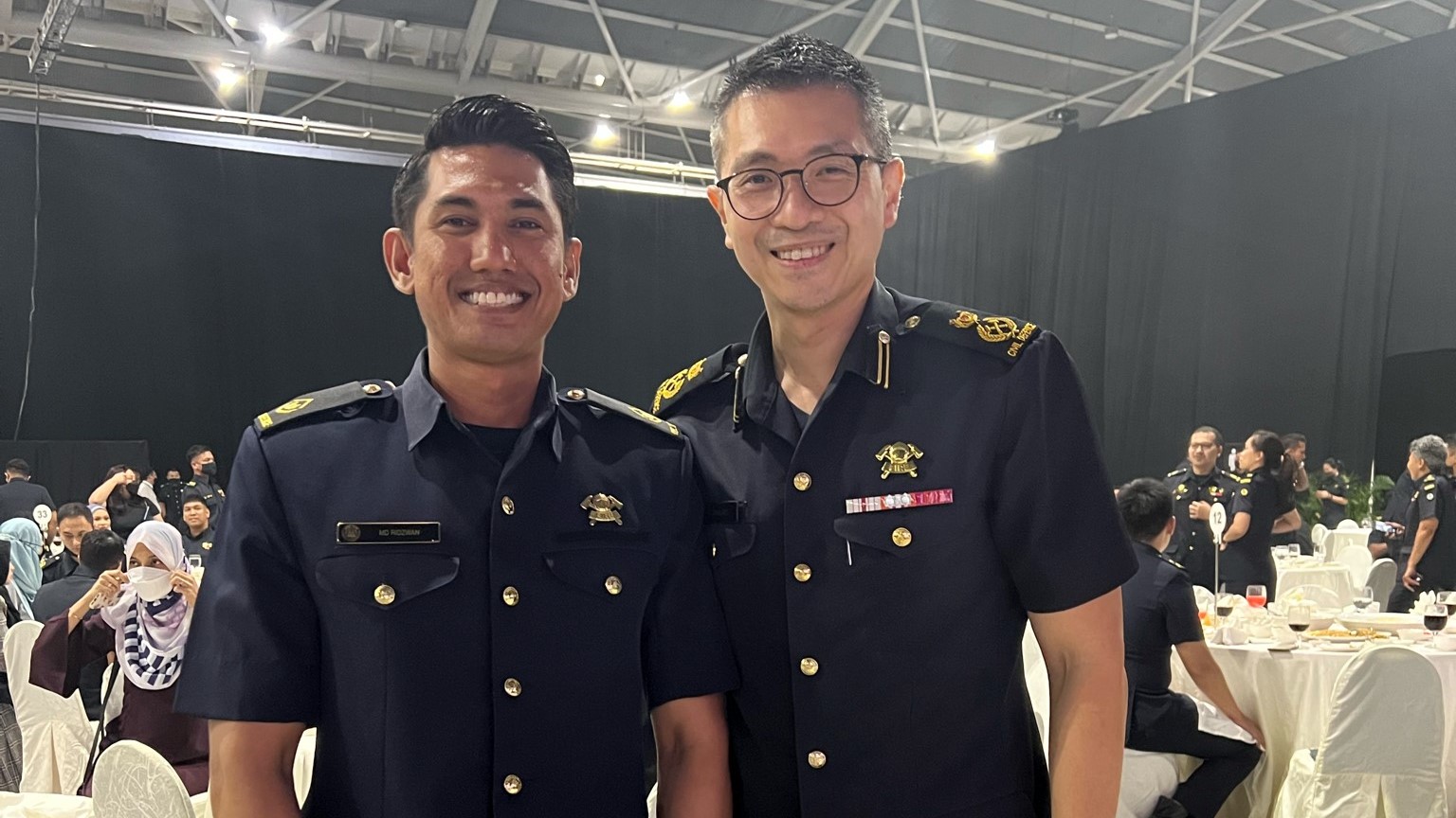 WO2 (NS) Muhammad Ridzwan Bin Baharudin (left), seen here at an event with DC Daniel Seet, Deputy Commissioner (Operations & Resilience), SCDF, says the sense of discipline that was instilled in him during NS helped him as an adult.