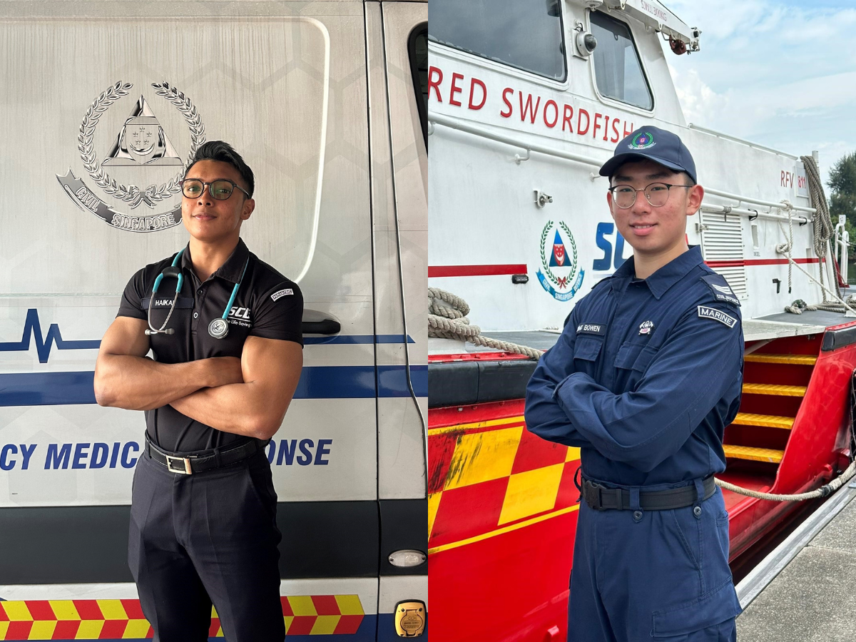 SGT2 Mohamad Haikal (left) and SGT2 Ding Bowen credit their National Service with SCDF for imparting them with important values like tenacity and empathy.