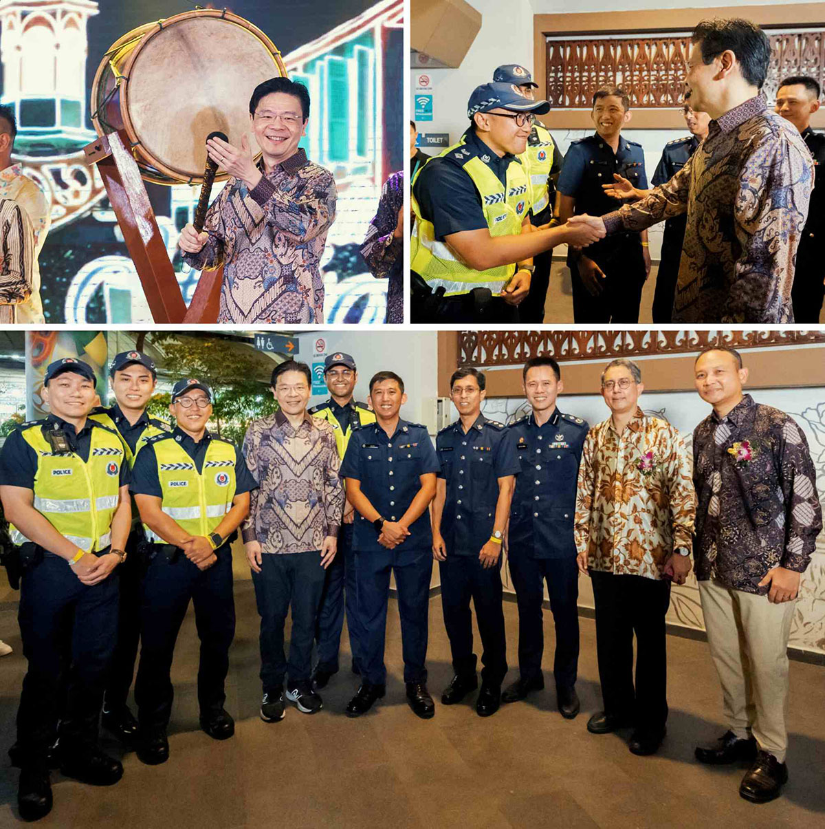 Clockwise from left: PM Wong launching the Geylang Serai Hari Raya Light Up; PM Wong meeting DSP (NS) Haiqal and other PNS officers; PM Wong with Associate Professor Muhammad Faishal Ibrahim (second from right), Acting Minister-in-charge of Muslim Affairs and Senior Minister of State, Ministry of Home Affairs, Mr Mohd Fahmi Aliman (far right), Former Mayor of South East District and officers from Bedok Police Division. PHOTO: Naveen Raj