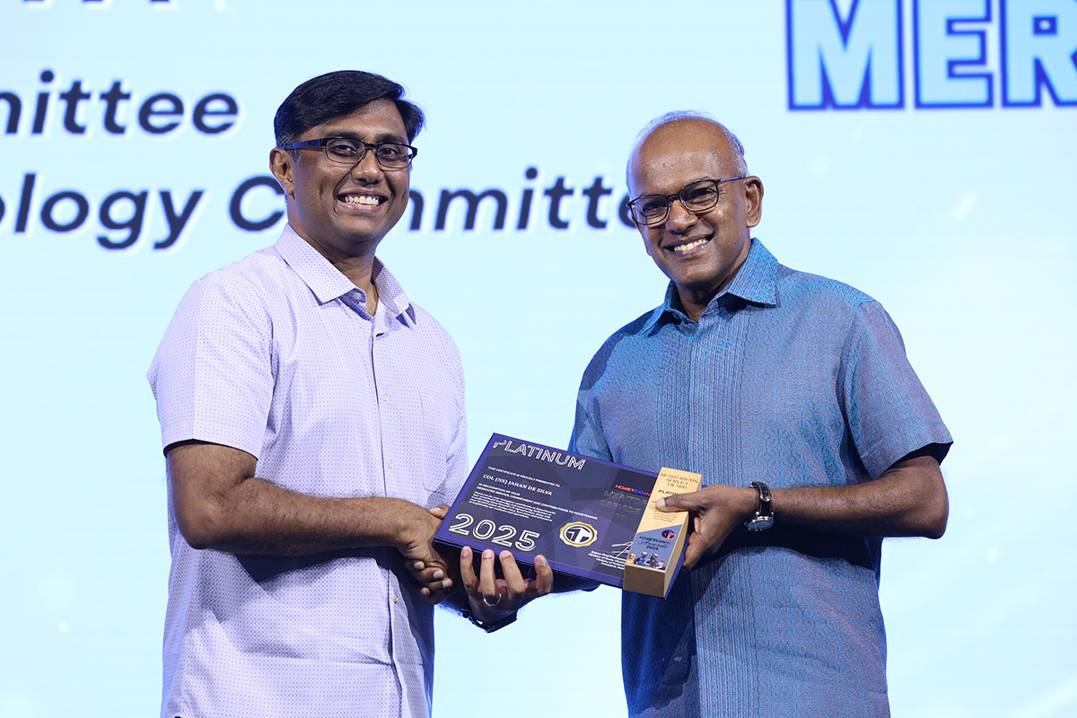 COL (NS) Jahan De Silva (left) receiving the Meritorious Platinum Award from Coordinating Minister for National Security and Minister for Home Affairs, Mr K Shanmugam, at the HomeTeamNS Awards 2025.
