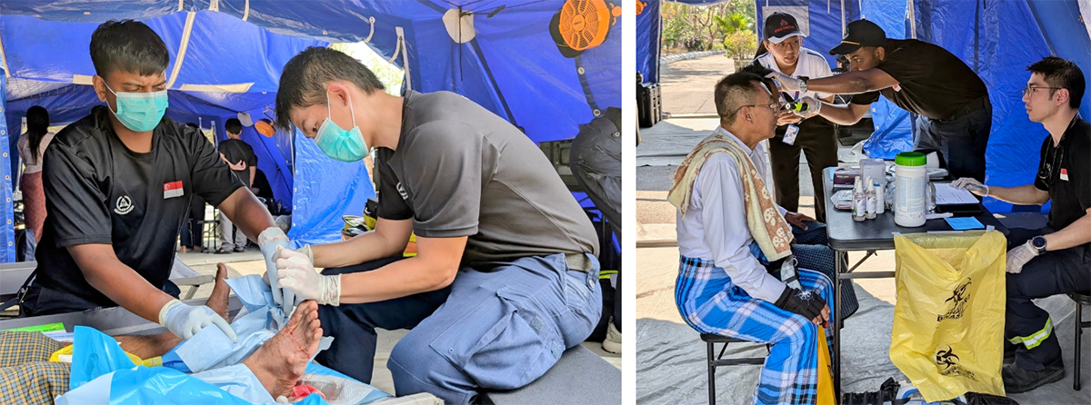 (Left image) WO1 Divanraj Batumalai and CPT (Dr) Quek Seng Leong attending to a local resident. (Right image) SGT3 Glenn Chua Chen Hwee (first from right) and CPT (Dr) Sarvananthan Rajragavan (second from right) working alongside Hsu (third from right), a Burmese interpreter, as they provided medical care to patients on the ground.
