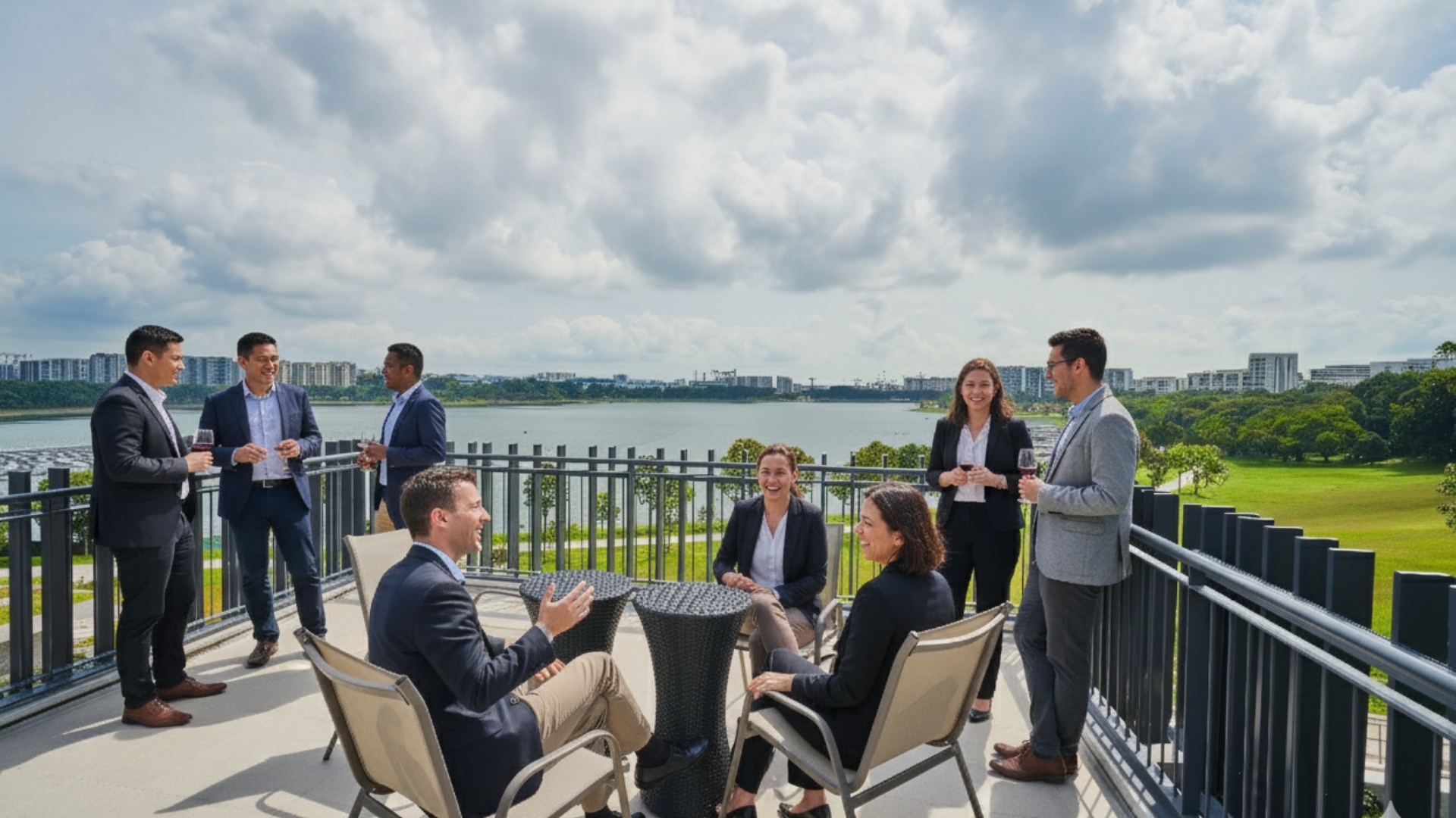 East Villa Corporate Sales 5 Corporate guests networking on a rooftop terrace overlooking Bedok Reservoir at East Villa.