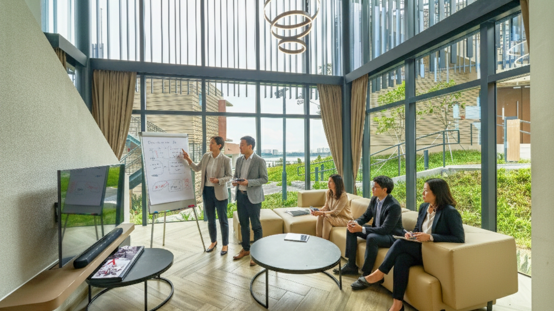 East Villa Corporate Sales 6 Team presenting ideas on a flipchart inside East Villa’s private meeting room with large windows and natural light.