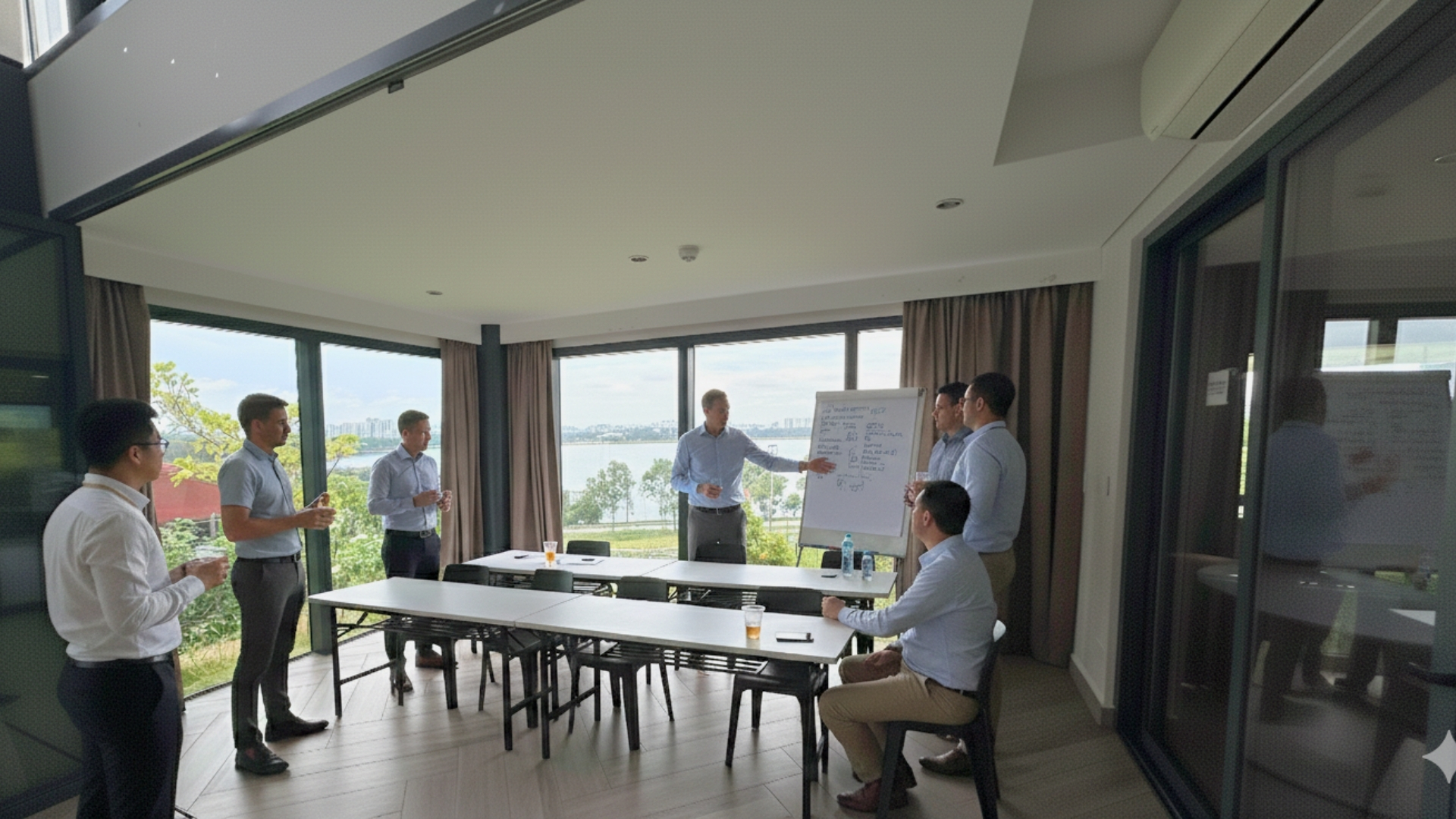 East Villa Corporate Sales 7 Corporate meeting setup at East Villa with tables, flipchart, and reservoir view through floor-to-ceiling windows.