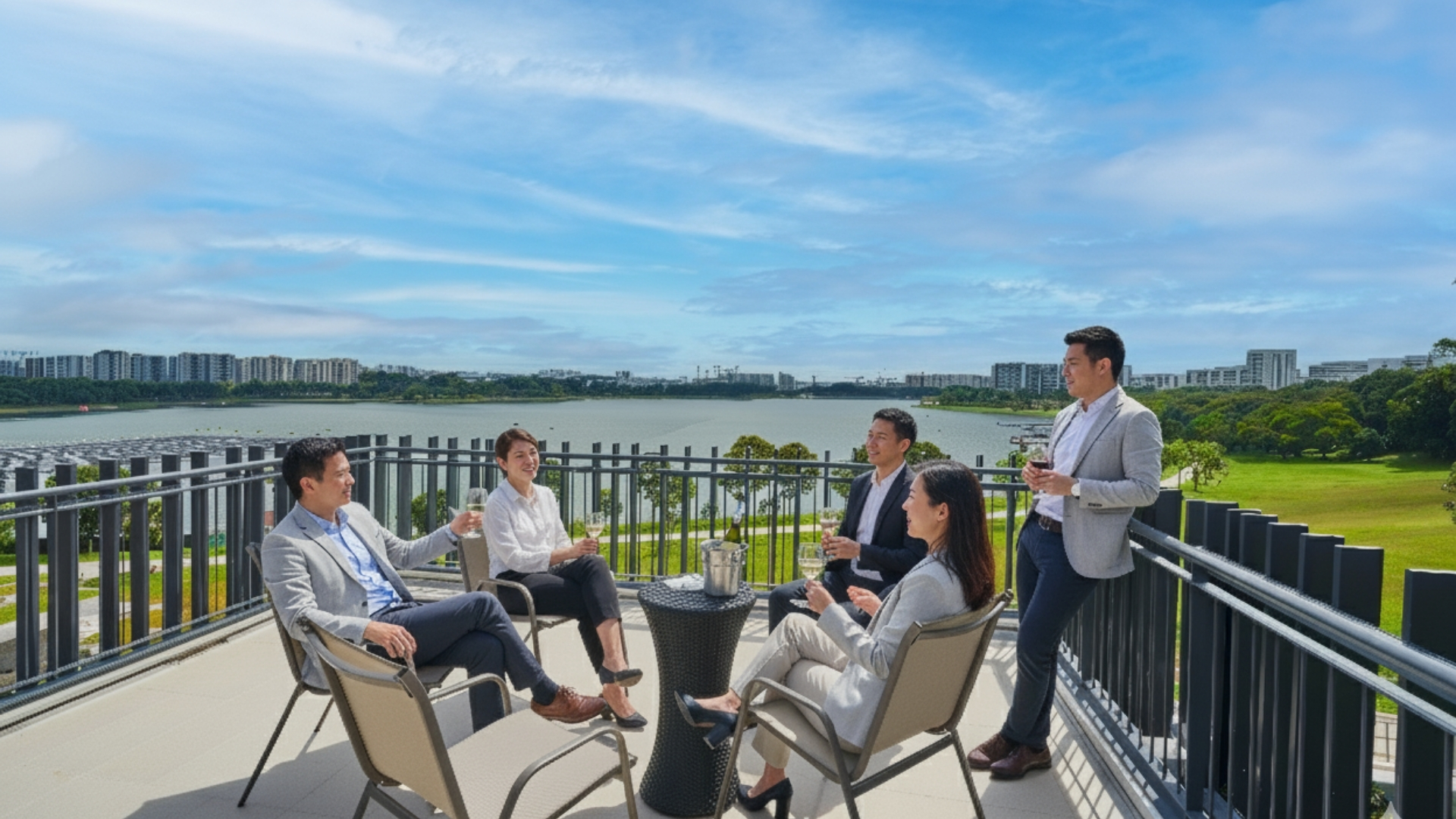 East Villa Corporate Sales 3 Corporate guests relaxing on a rooftop terrace with panoramic views of Bedok Reservoir at East Villa.
