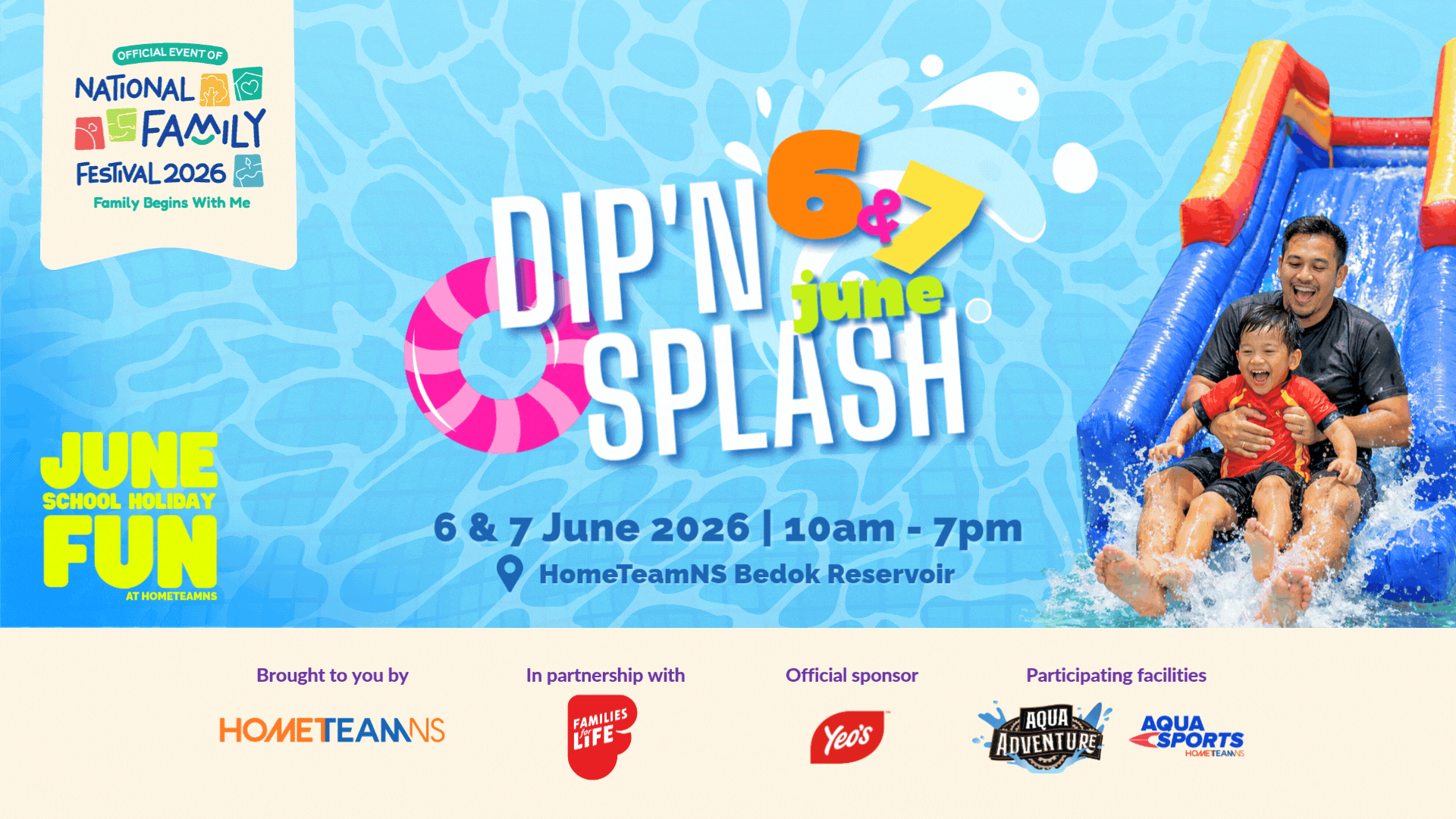 Dip 'N Splash 2026 at HomeTeamNS Bedok Reservoir Dip N Splash 2026 Official Banner