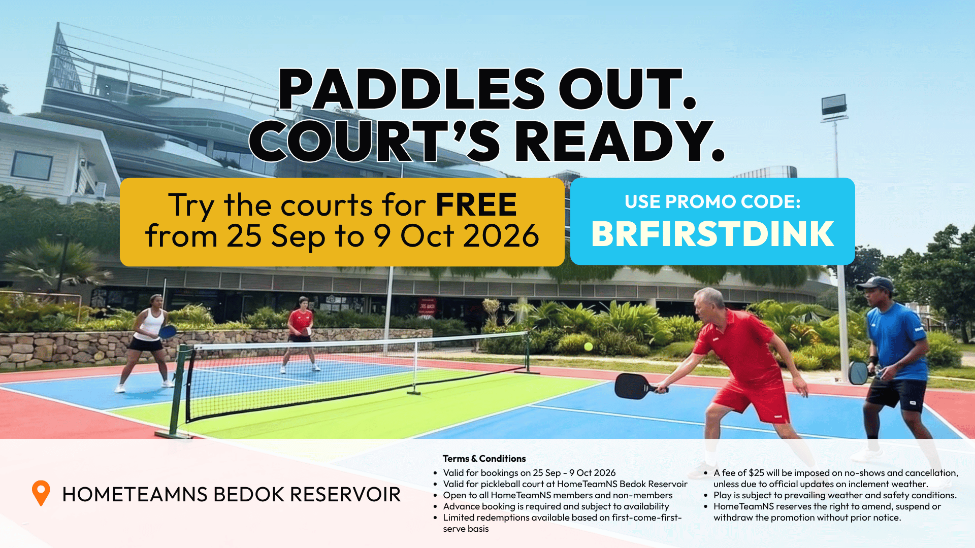 Pickleball at HomeTeamNS 5 Play for FREE! Test out HomeTeamNS Bedok Reservoir new pickleball court. Start booking from 24 Sep!