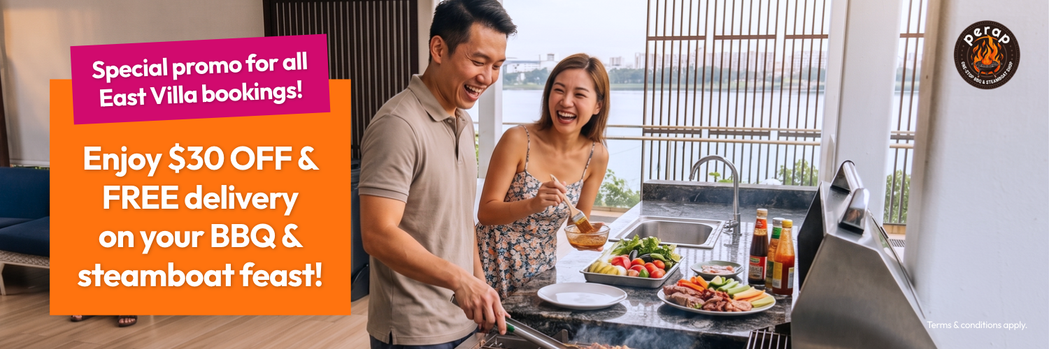 East Villa at HomeTeamNS Bedok Reservoir 1 Enjoy $30 OFF with a minimum spend of $250, plus FREE delivery to your booked HomeTeamNS ManCave or East Villa with Perap BBQ, specialising in BBQ-style feasts. Valid until 31 December 2026. Book directly via the Perap website. Promo code will be shared upon booking confirmation.